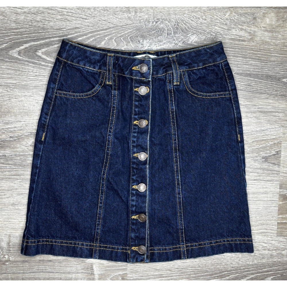 Stradivarius Denim Mini Skirt Dark Wash Button Front A-Line 100% Cotton Size 0